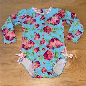 Ruffle Butts Blue and Pink Florql One Piece Rash Guard Swim Suit 3T